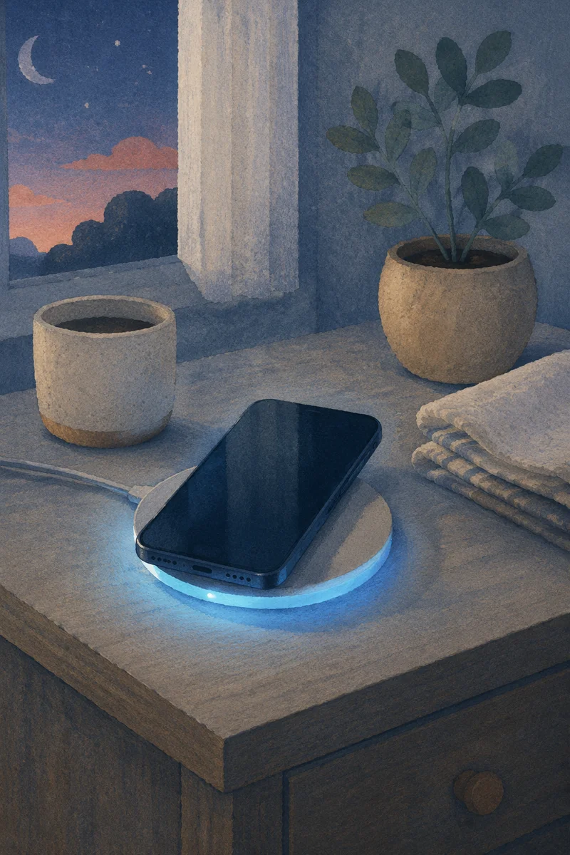 Glowing Wireless Charging Pad at Blue Hour