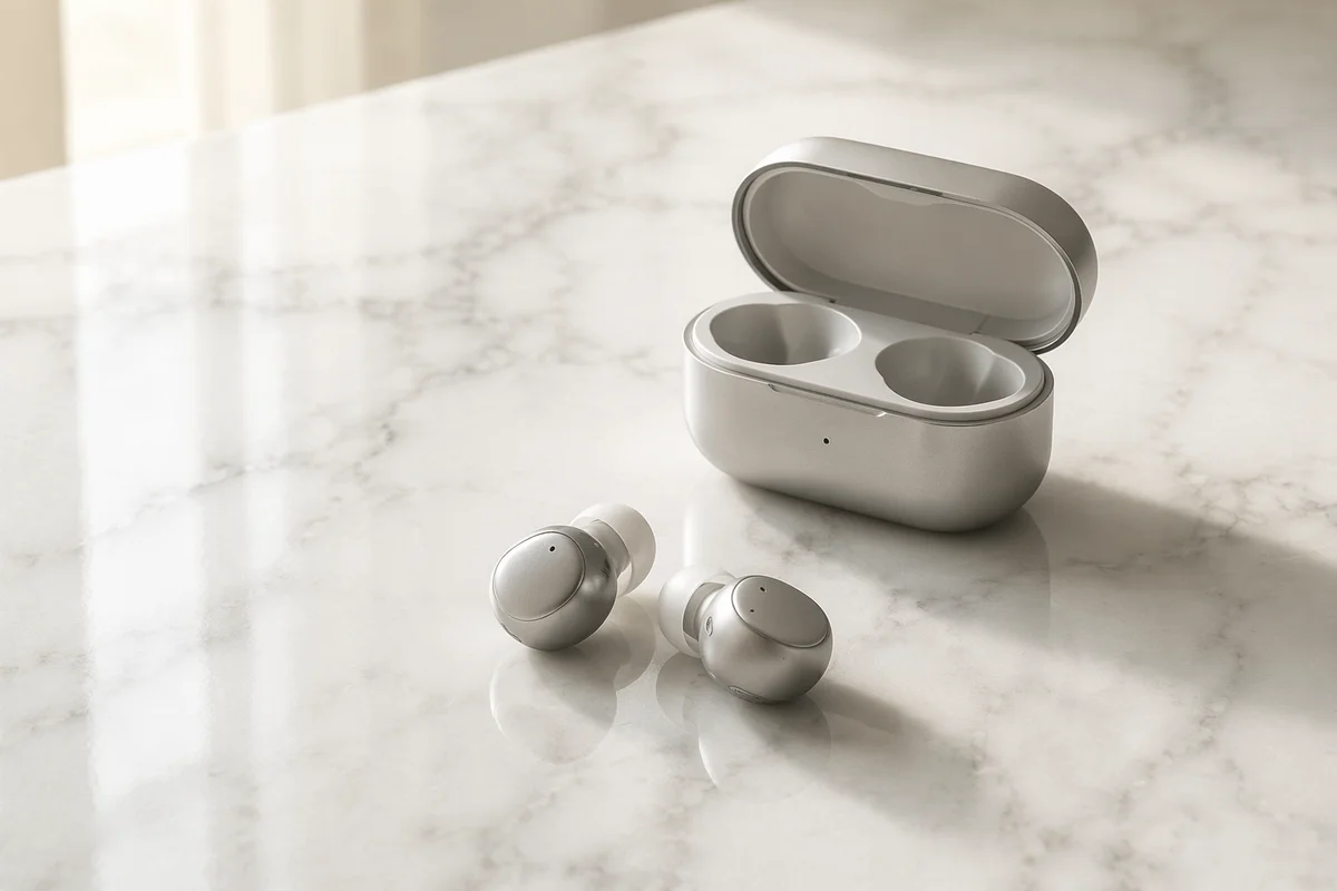 Minimal Wireless Earbuds on White Marble