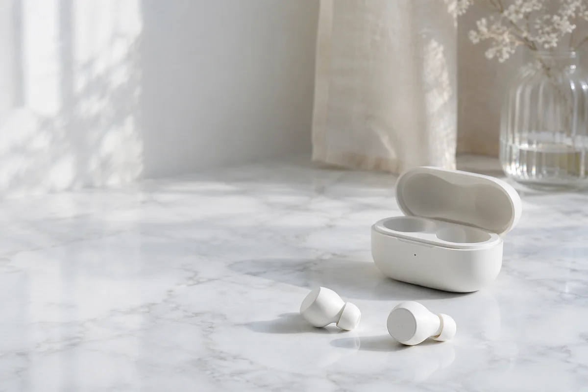 Minimal Wireless Earbuds on Marble Surface
