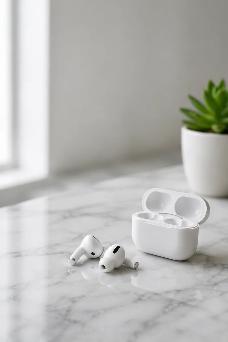 Minimal Wireless Earbuds on White Marble