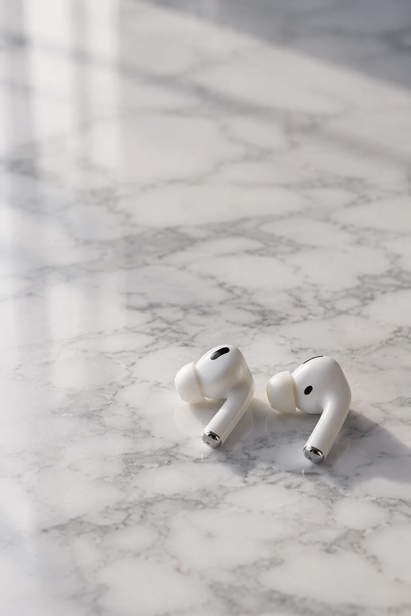 Minimal Wireless Earbuds on White Marble