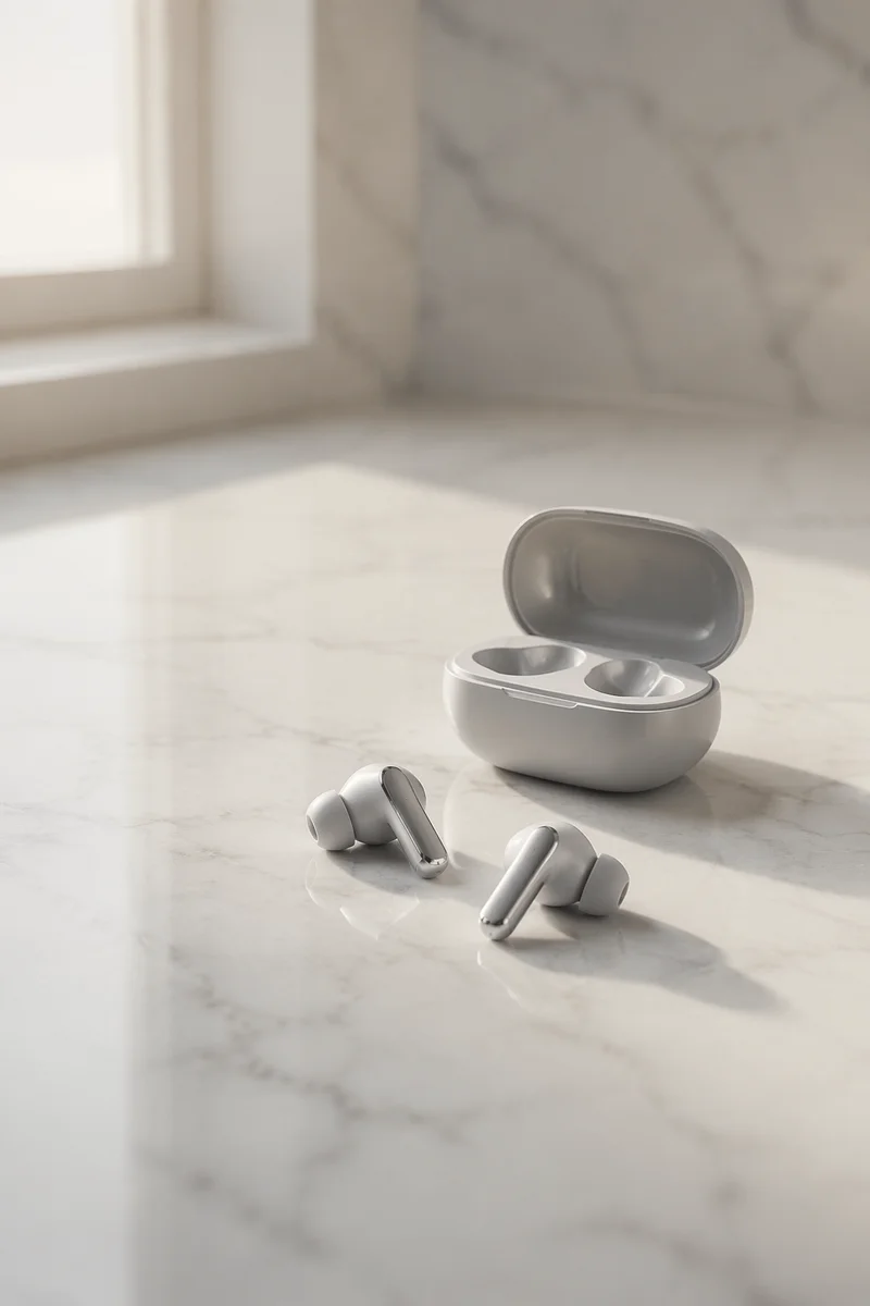Minimal Wireless Earbuds on White Marble