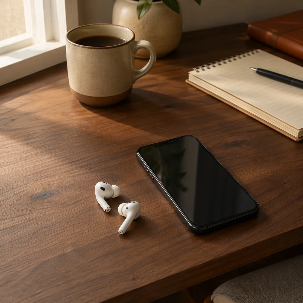 Wireless Earbuds and Phone on Walnut Desk