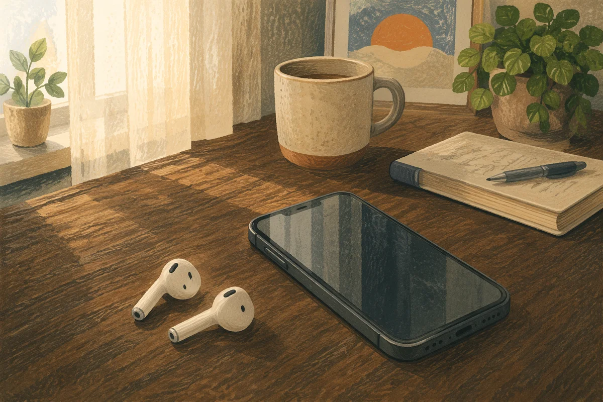 Wireless Earbuds and Phone on Walnut Desk