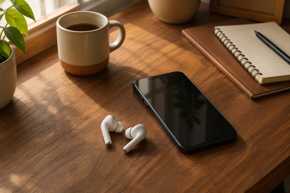 Wireless Earbuds and Phone on Walnut Desk
