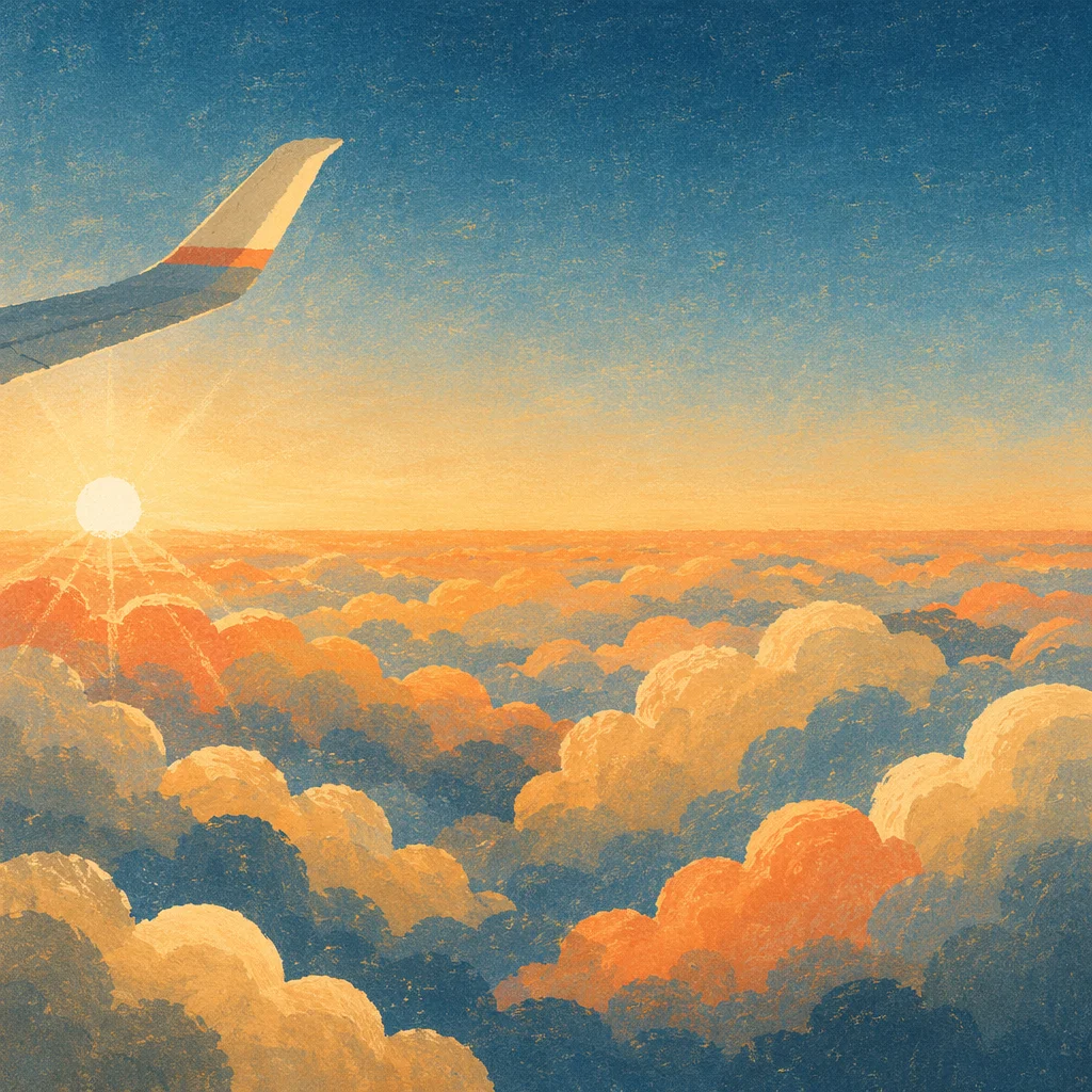 Golden Hour Airplane Journey Above Clouds