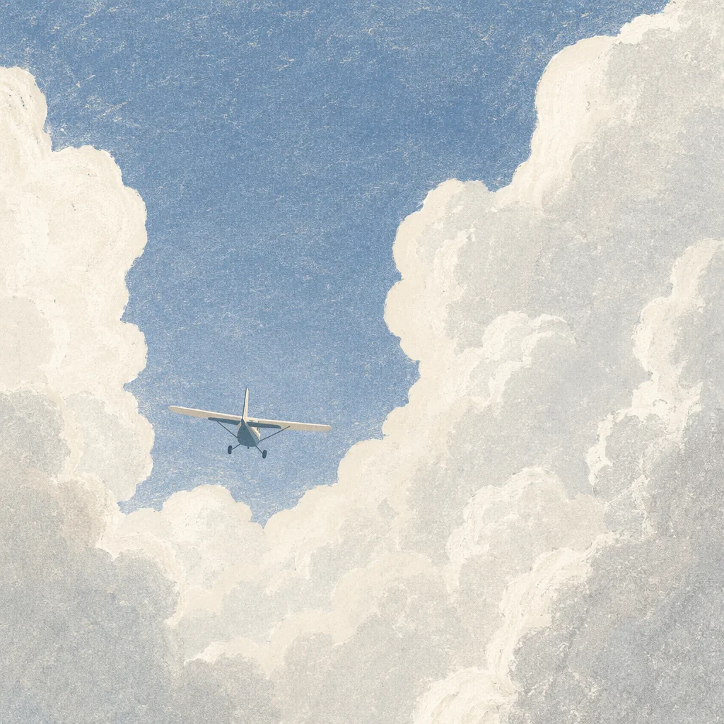 Small Airplane Flying Through Sunlit Clouds
