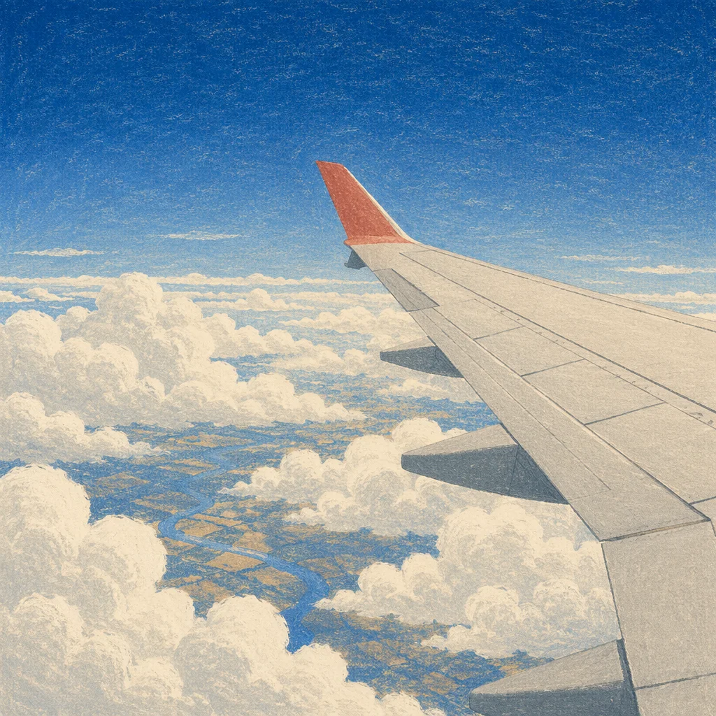 Airplane Wing Above Sunlit Clouds