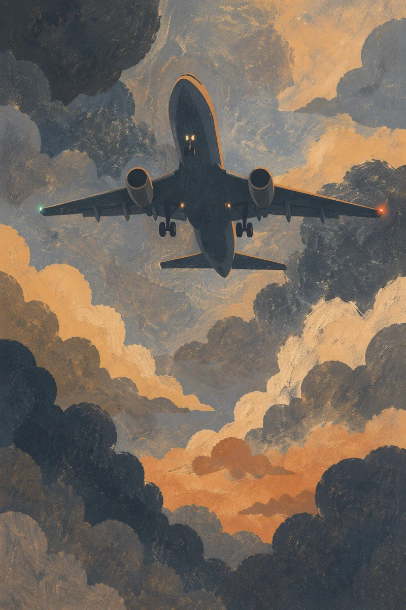 Airplane Climbing Through Dramatic Dusk Clouds