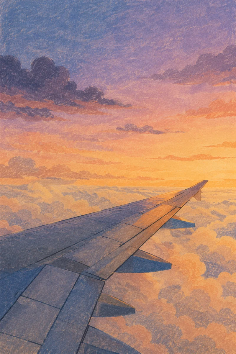 Twilight Airplane Wing Above Peaceful Clouds