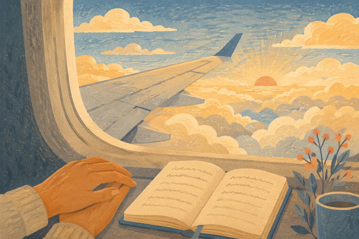 Peaceful Airplane Window Above Sunlit Clouds