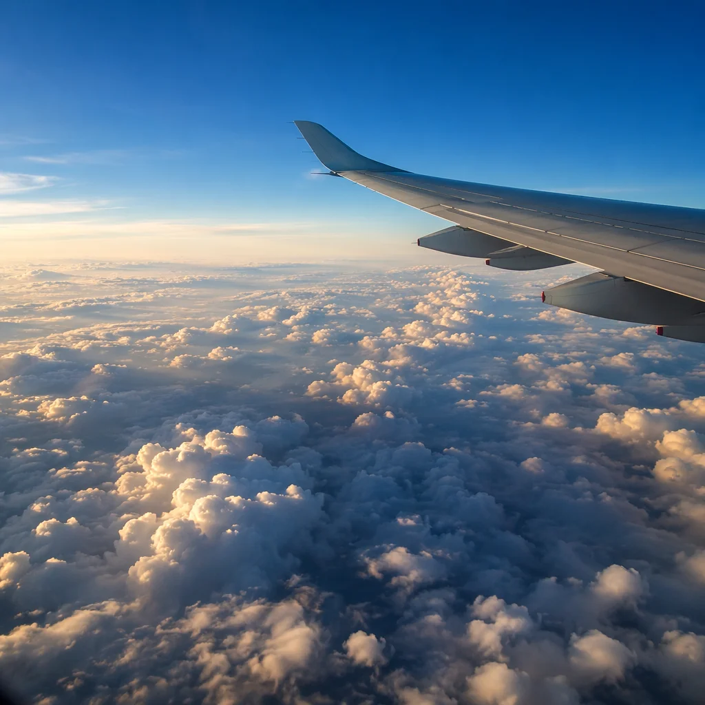 Airplane Wing Above Sunlit Clouds