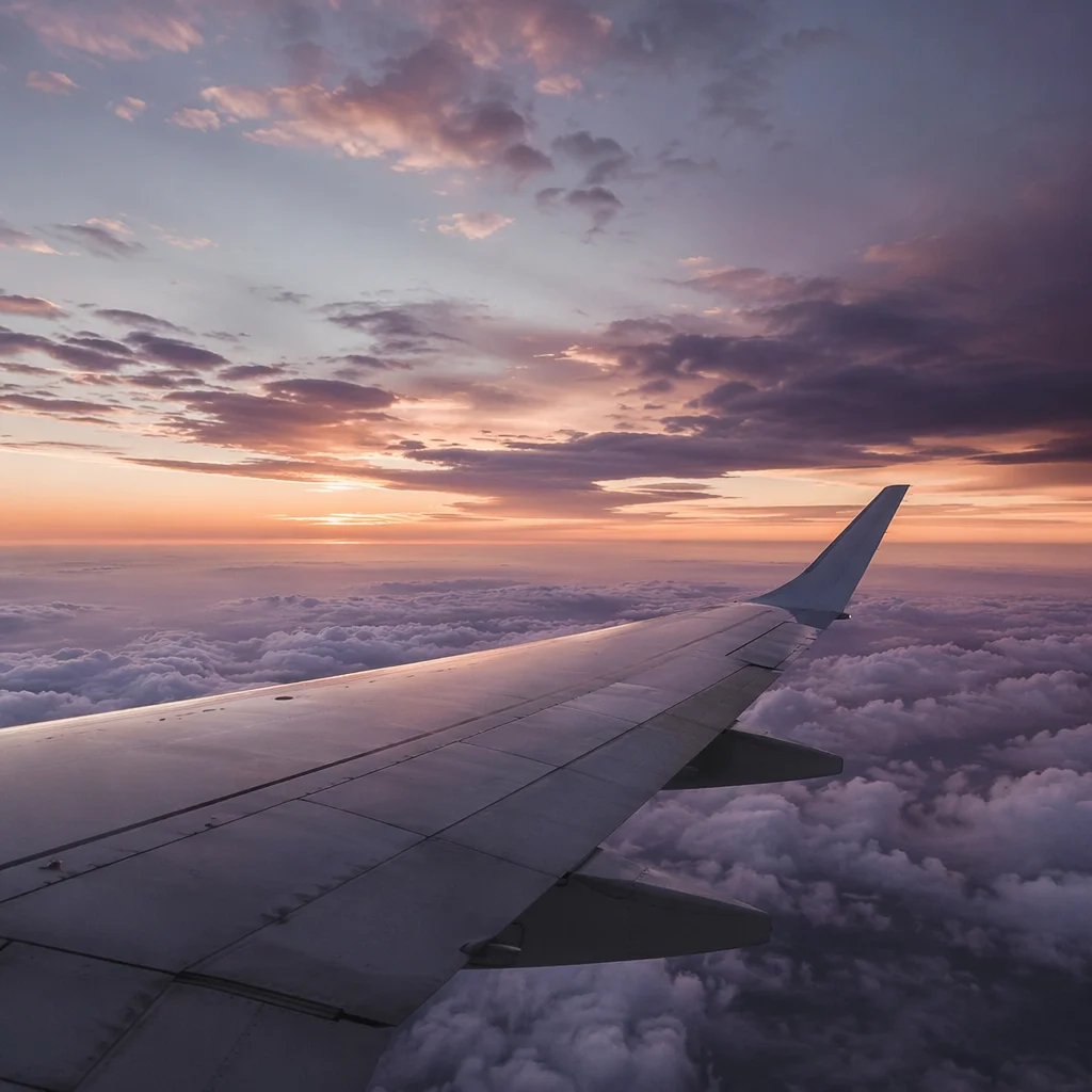 Peaceful Airplane Wing Above Twilight Clouds