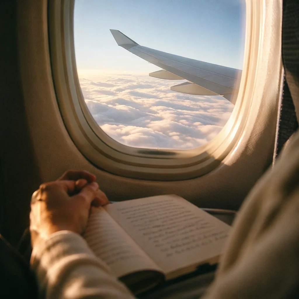 Prayerful Airplane Window Above Morning Clouds