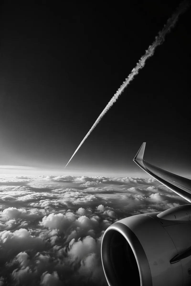 Monochrome Airplane Wing Over Dramatic Clouds