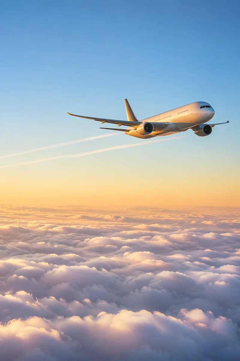 Passenger Airplane Above Morning Clouds