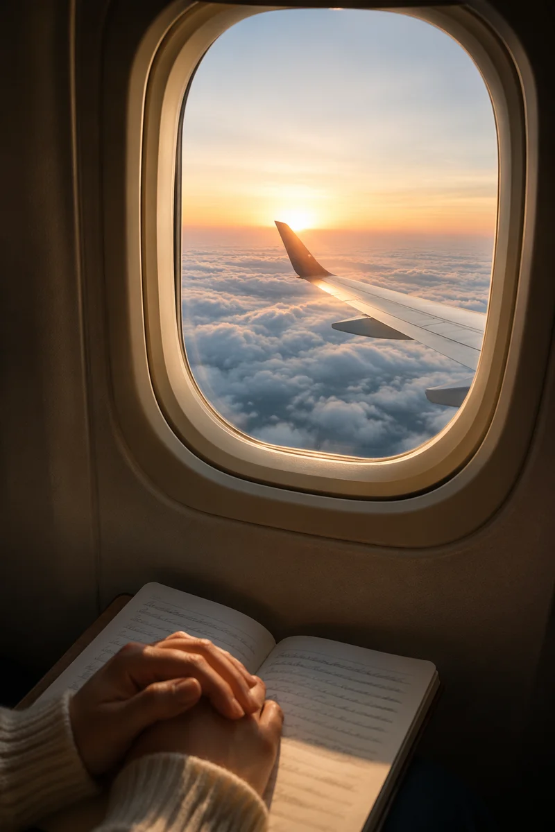 Peaceful Airplane Window Sunrise Above Clouds