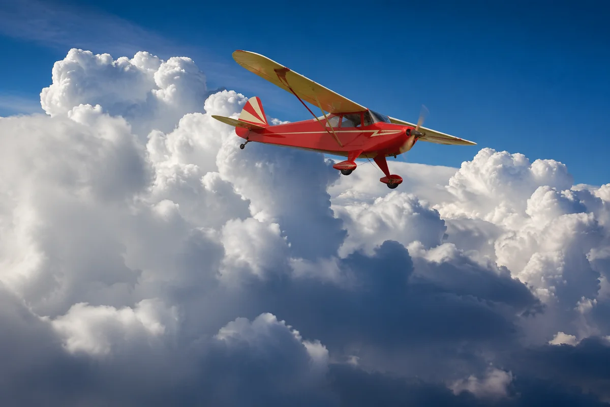 Vintage Airplane Above Dramatic Cumulus Clouds
