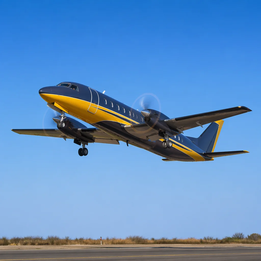 Propeller Airplane Taking Off into Blue Sky