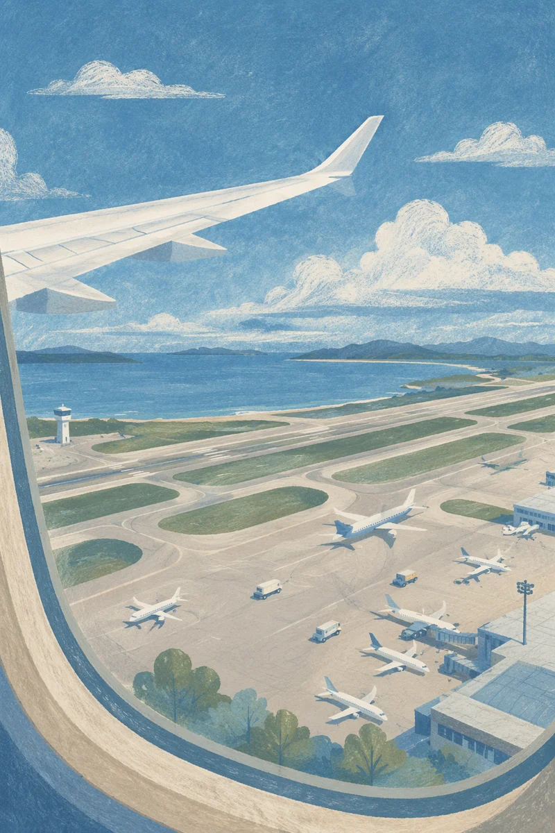 Airplane Wing Takeoff Over Coastal Runway