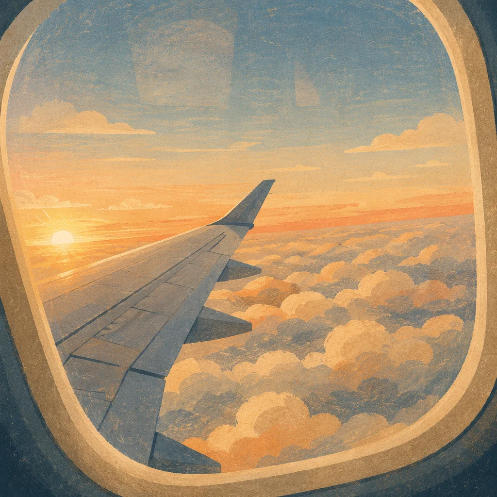 Sunset Airplane Window View Above Clouds