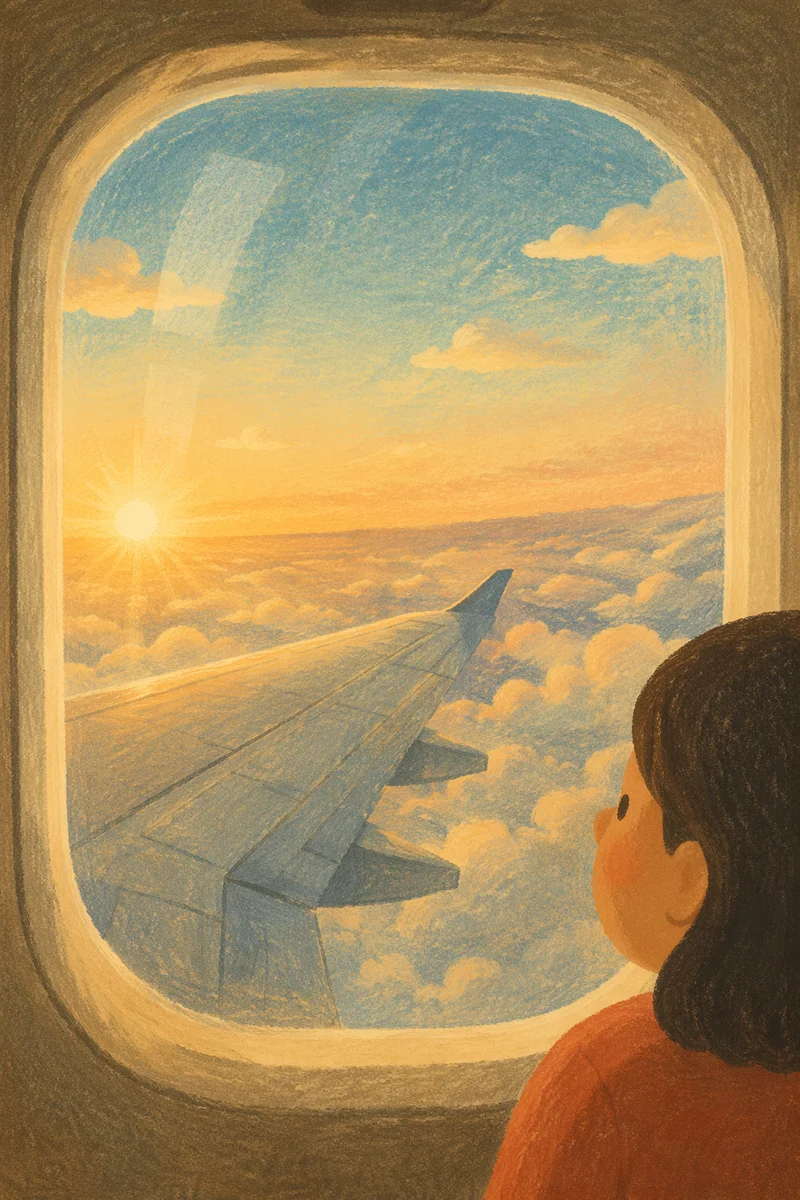 Sunset Airplane Window View Above Clouds