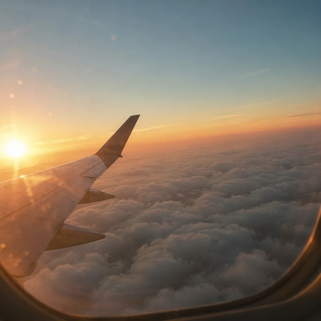 Sunset Airplane Window View Above Clouds