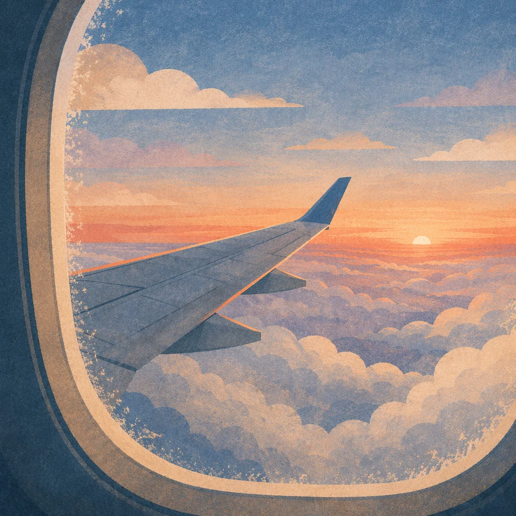 Airplane Wing Above Clouds at Sunrise
