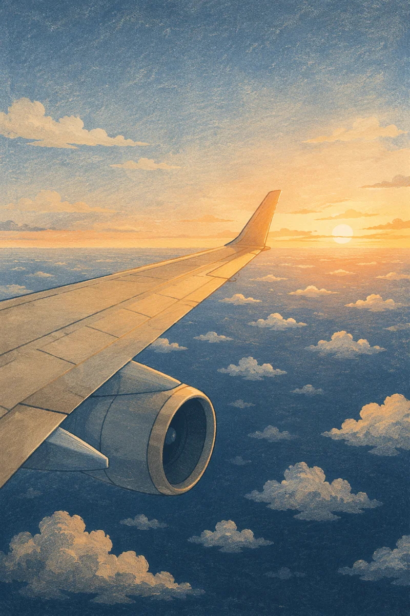 Airplane Wing at Sunrise Above Clouds