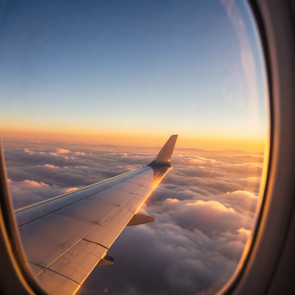 Airplane Wing Above Clouds at Sunrise