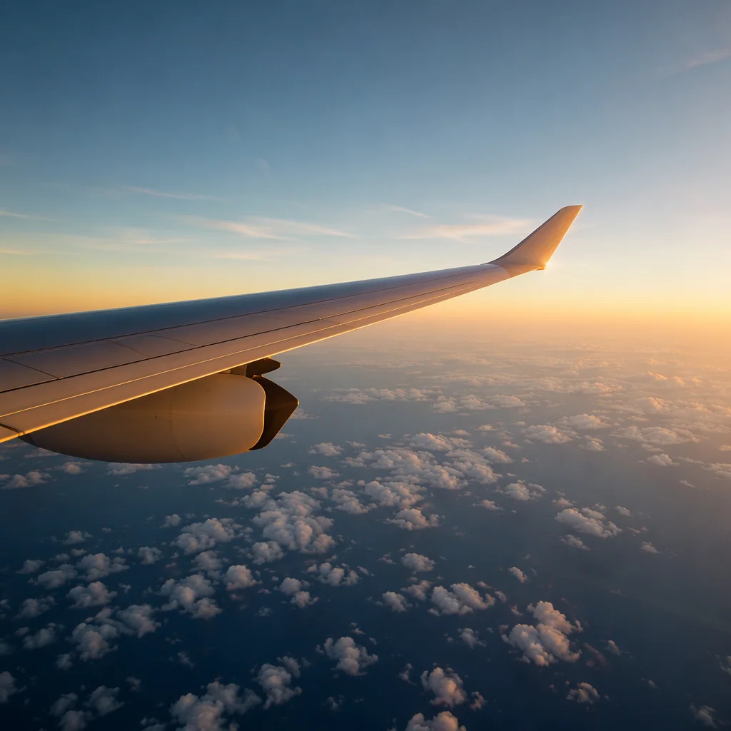 Airplane Wing at Sunrise Above Clouds