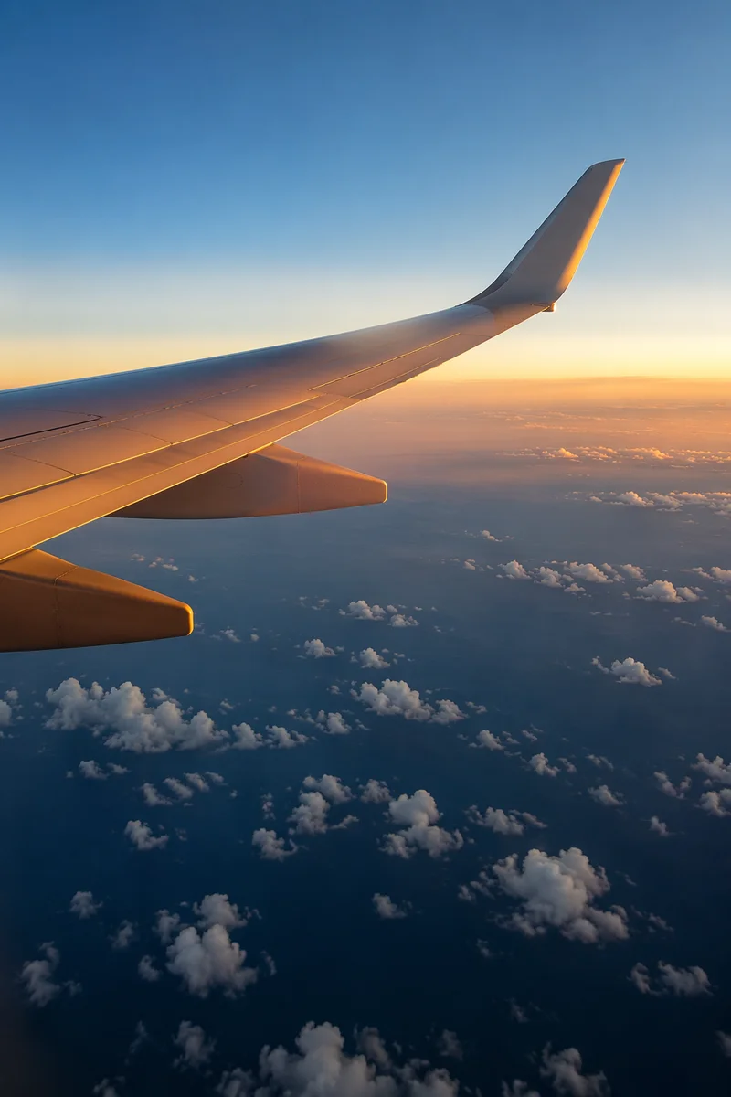 Airplane Wing at Sunrise Above Clouds