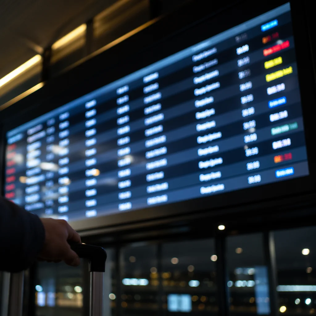 Airport Departure Board and Suitcase Close-Up