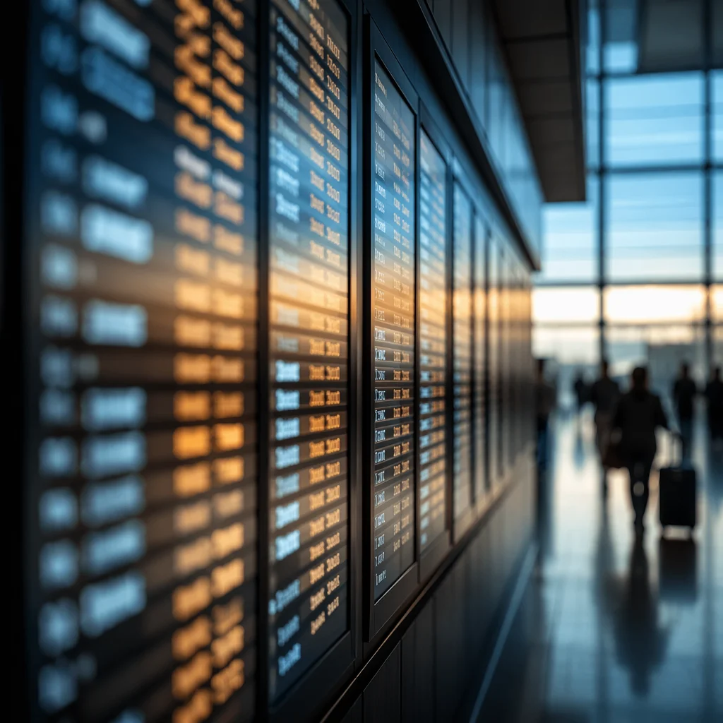 Airport Departure Board in Morning Terminal
