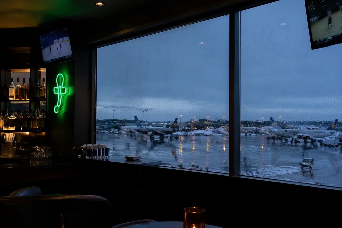 Rainy Airport Lounge Window at Dusk