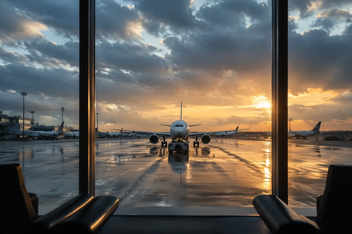 Airport Lounge Window View at Sunset
