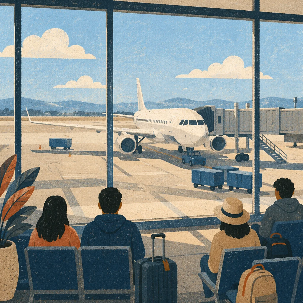 Sunlit Airport Departure Gate With Travelers