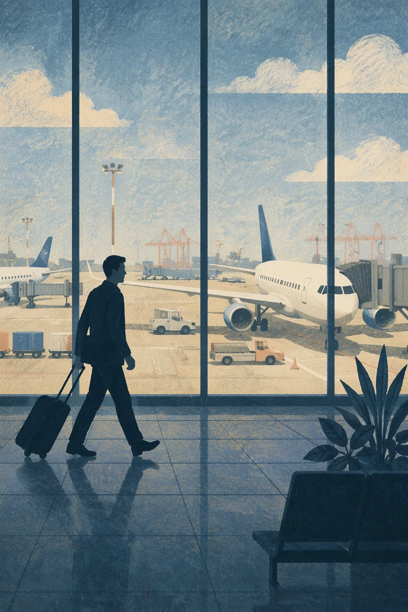 Silhouetted Traveler at Airport Departure Gate