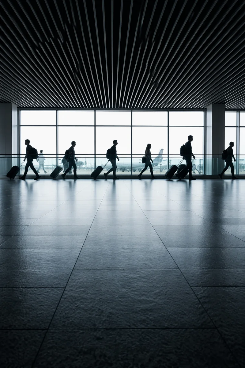 Silhouetted Travelers in Modern Airport Terminal