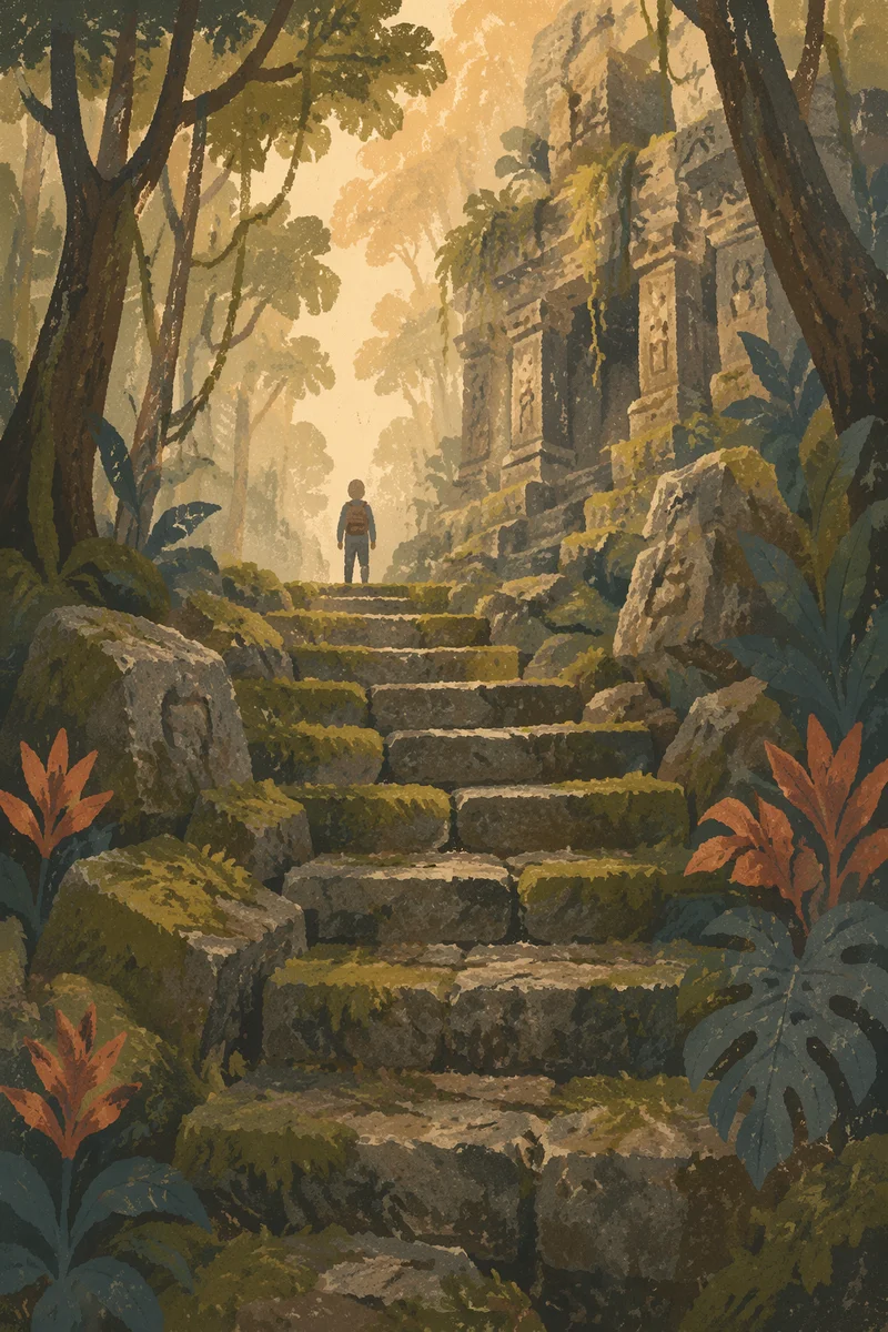 Moss-Covered Ancient Temple Steps at Dawn