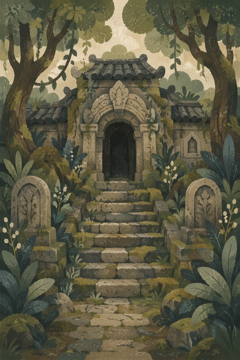 Ancient Mossy Temple Steps in Woodland