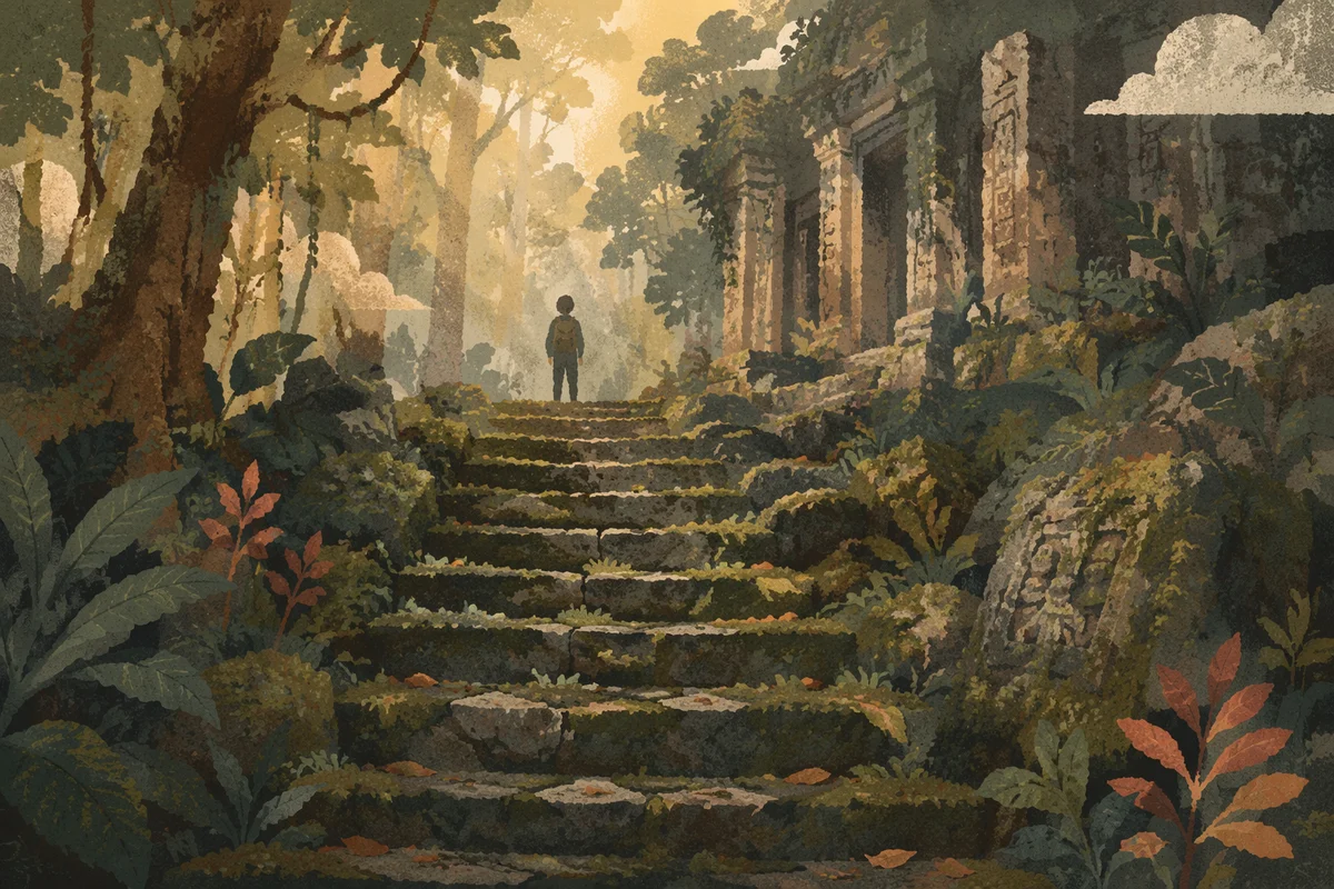Moss Covered Ancient Temple Steps at Dawn