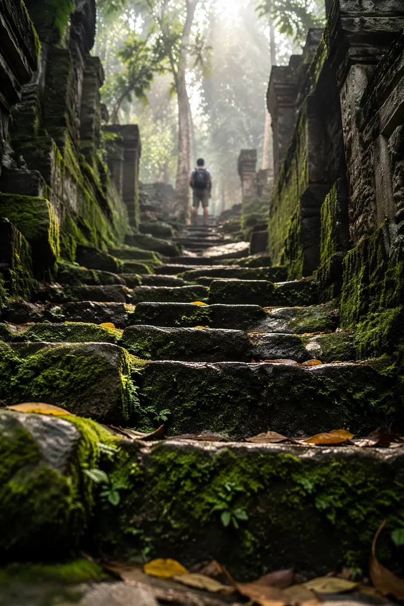Moss Covered Ancient Temple Steps in Jungle