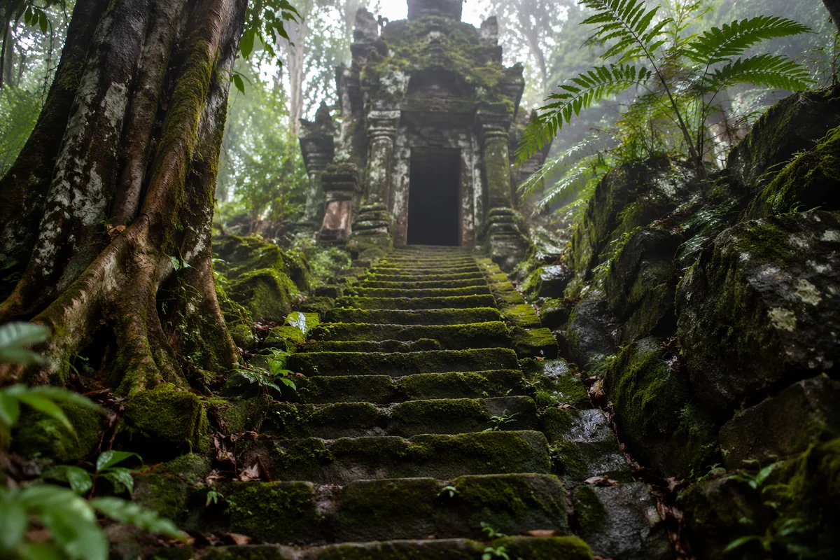 Moss Covered Stone Steps to Forest Temple