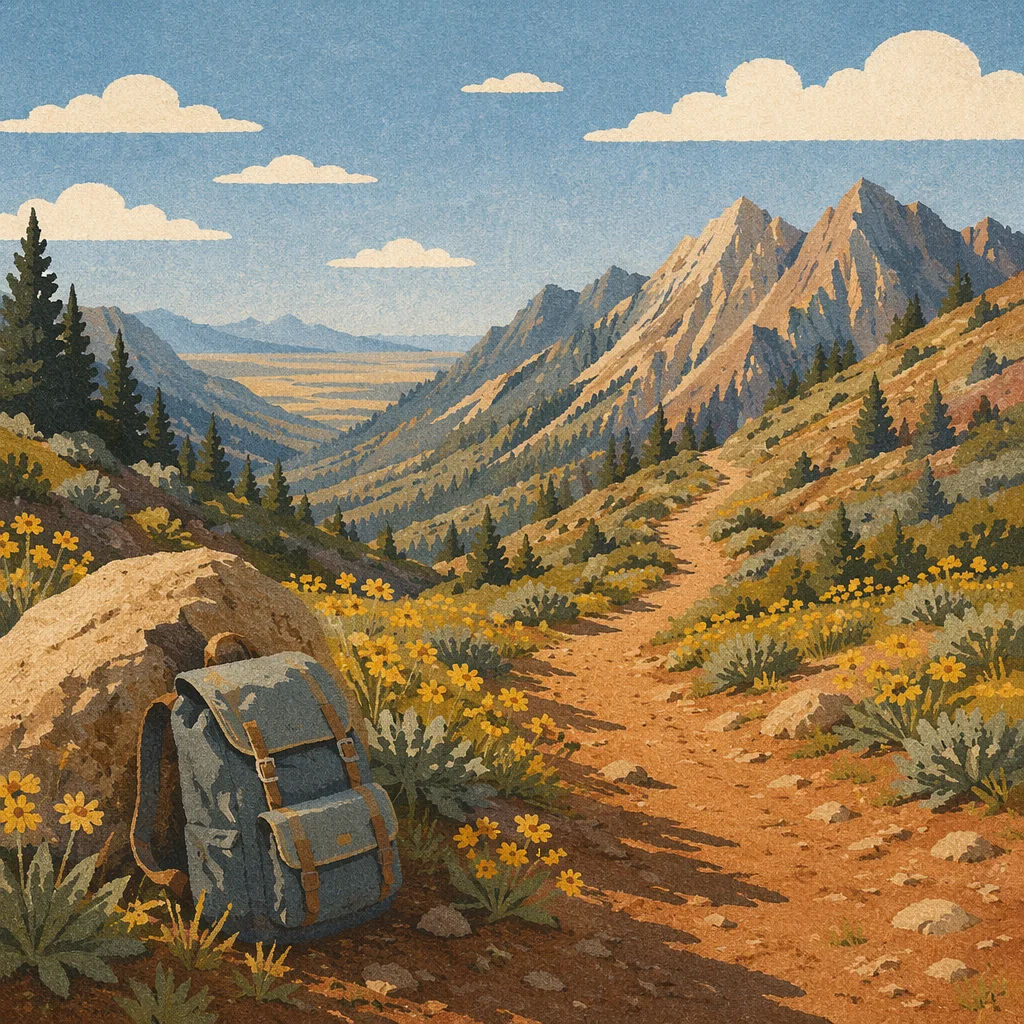 Backpack on Sunlit Mountain Hiking Trail