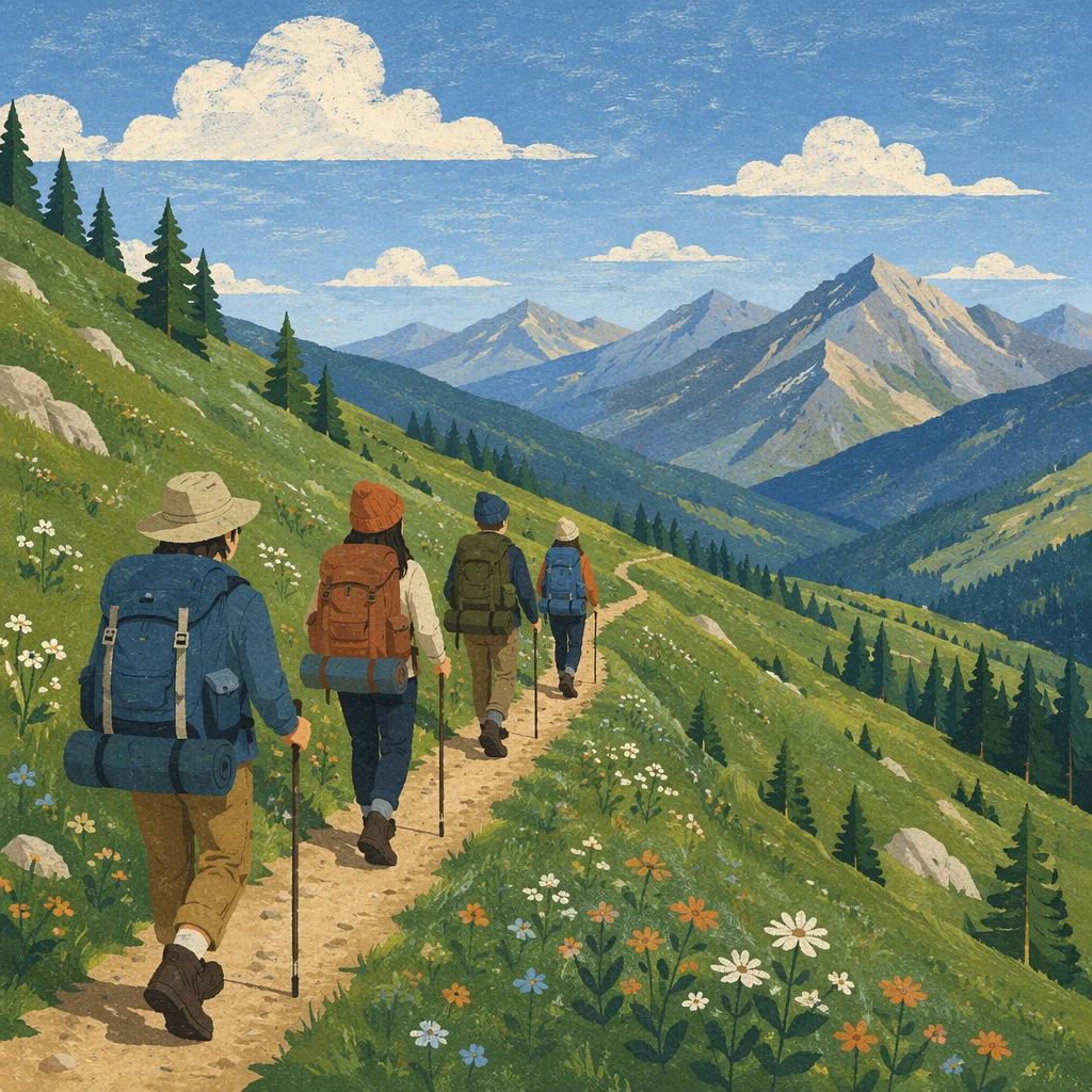 Backpack Hikers on Alpine Mountain Trail