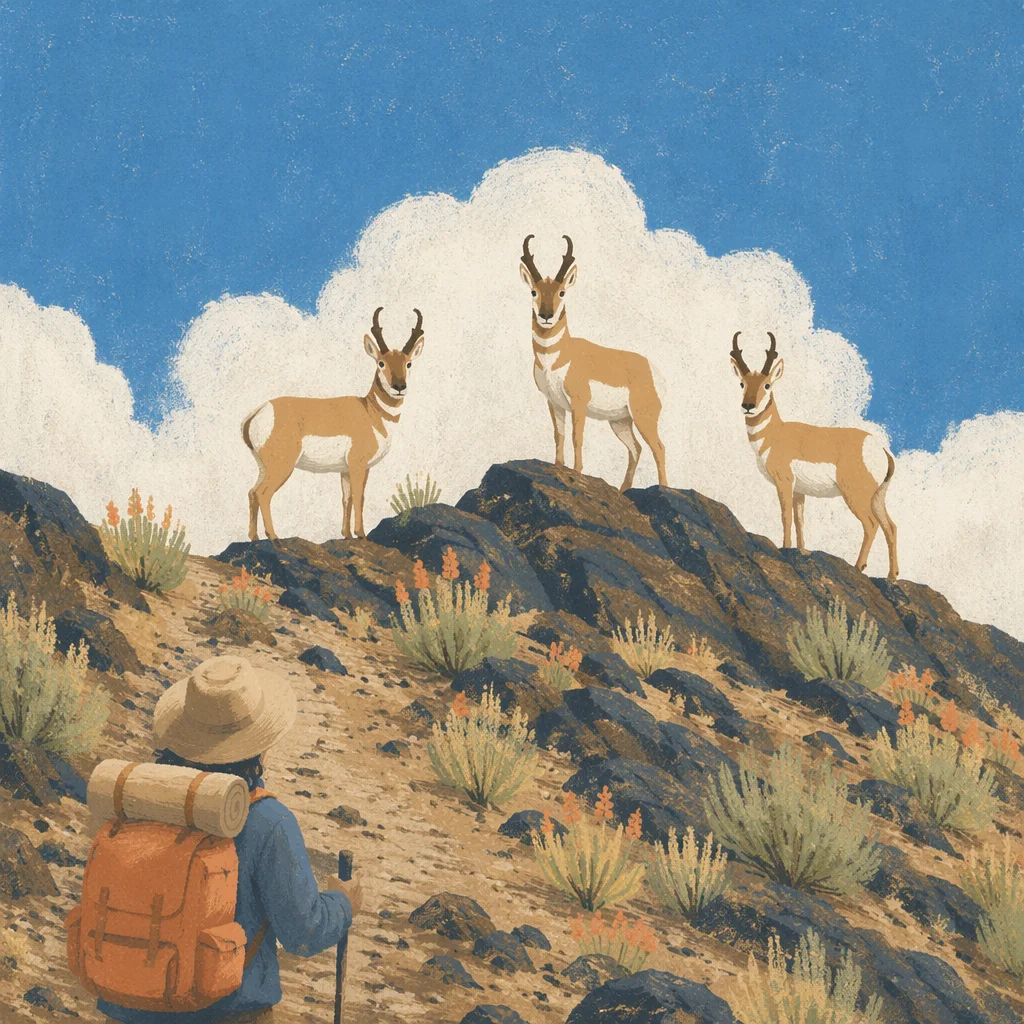 Backpacker Observing Pronghorns on Mountain Trail