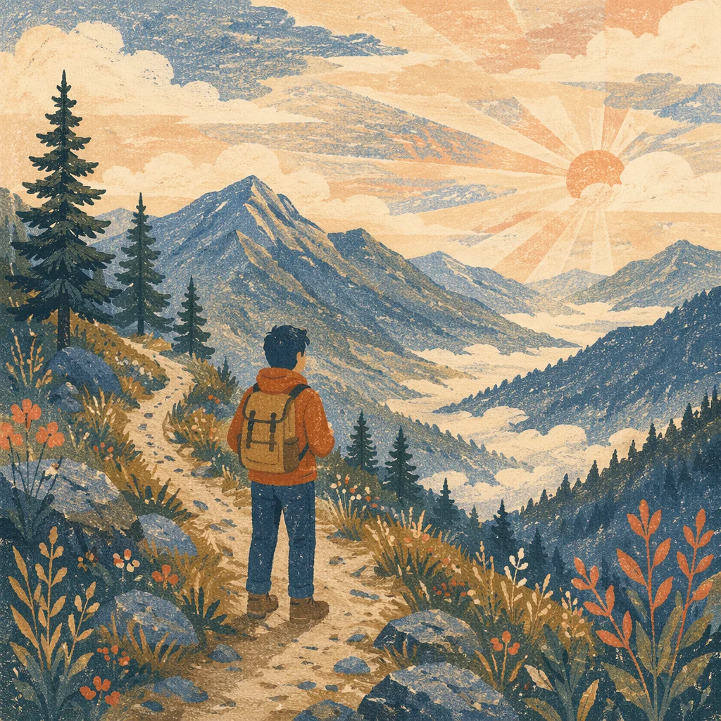 Peaceful Hiker Over Misty Mountain Valley