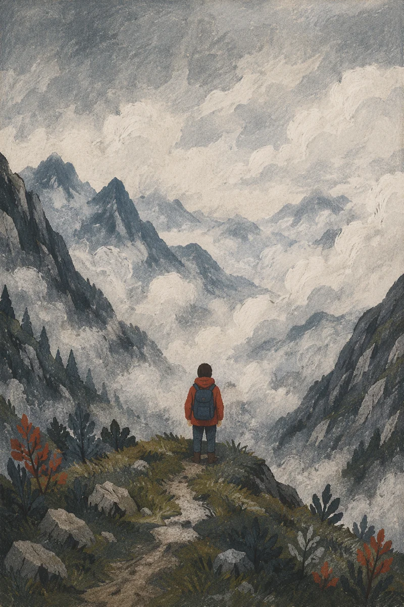 Lone Hiker on Foggy Mountain Ridge