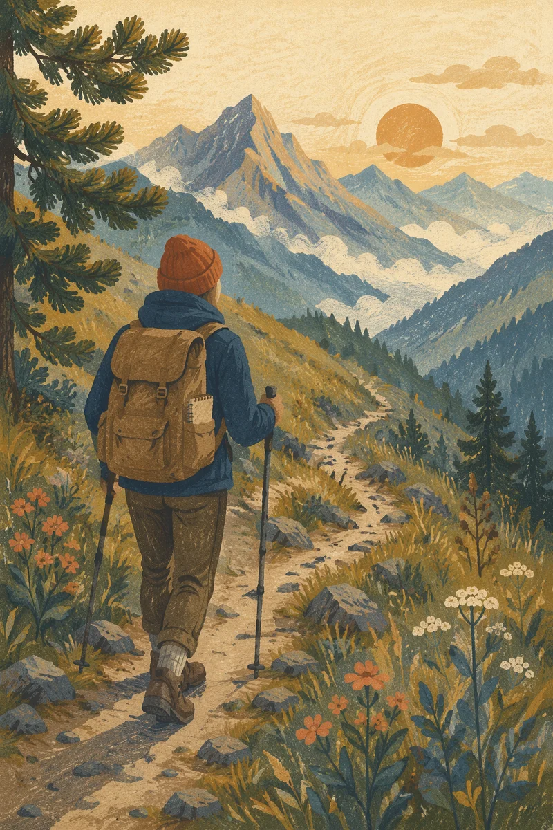 Peaceful Hiker on Misty Mountain Trail